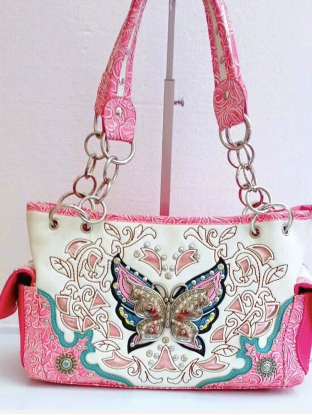 Pink Embellished Butterfly Shoulder Bag